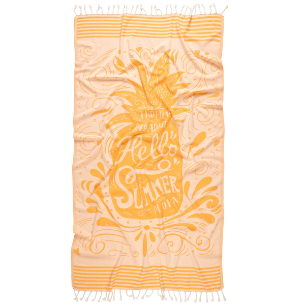 Gul tropisk hamamhandduk med texten “Hello Summer”