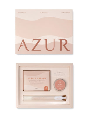 Närbild på Sunset Dreams tvål, badsalt och balm