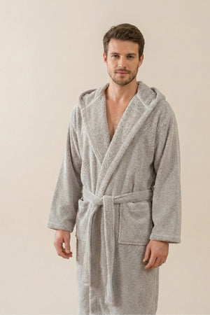 Beige badrock med pebble-struktur och huva i turkisk bomull - man modell