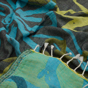 Närbild på grön ekologisk strandhandduk med blomdetaljer