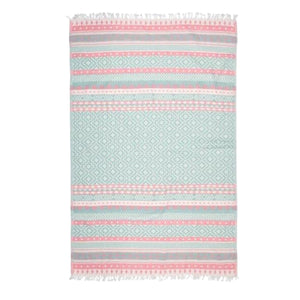Lovely hamamhandduk i grön och rosa med medelhavsinspirerat mönster, helbild med fransar, 160x90 cm
