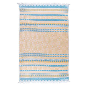 Lovely hamamhandduk i gul och turkos med medelhavsinspirerat mönster, helbild med fransar, 160x90 cm