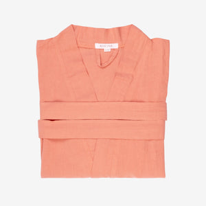 Morgonrock i linne Desert Rose laxrosa med kimonokrage och skärp, lätt och luftig, temperaturreglerande