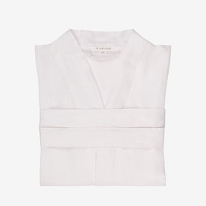 Morgonrock i linne Serenity vit vikad med Barine-etikett XS, kimonokrage och skärp, lätt linne