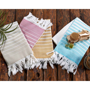 Paradiso frottéhandduk i ekologisk bomull - beige, rosa, gul och blå med randigt mönster