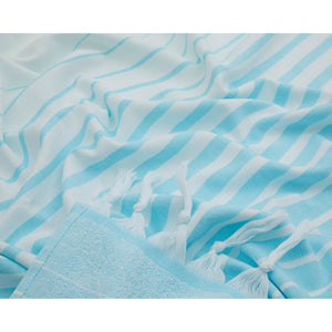 Paradiso frottéhandduk i ekologisk bomull blå med randigt mönster och fransar