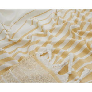 Paradiso frottéhandduk i ekologisk bomull gul med randigt mönster och fransar