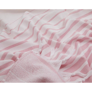 Paradiso frottéhandduk i ekologisk bomull rosa med randigt mönster och fransar