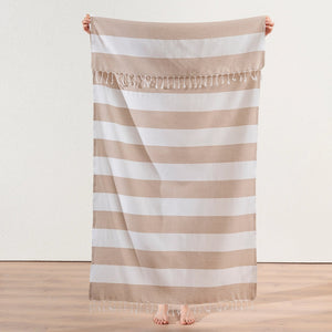 Scandi Stripe randig strandhandduk i beige och vitt, 100% bomull, 180 x 100 cm hamamhandduk