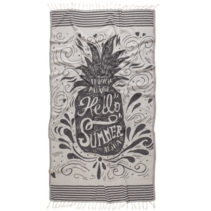 Svart tropisk hamamhandduk med “Hello Summer”-tryck