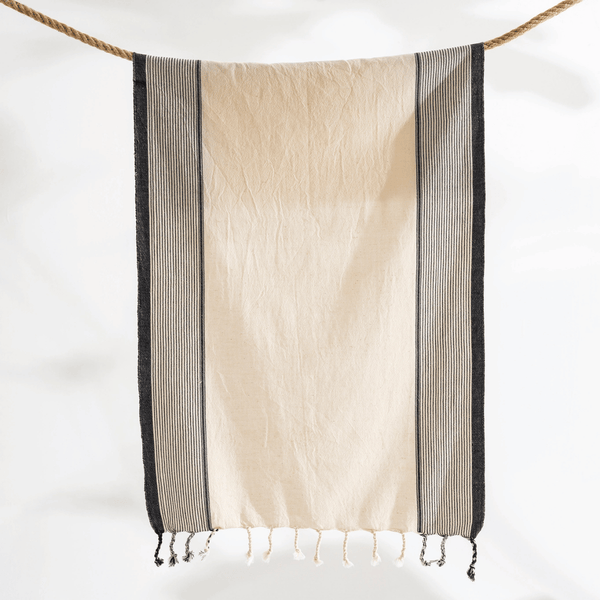 Svart randig stor beige strandhandduk 170x90 cm