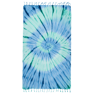 Ekologisk strandhandduk med tie dye mönster i blå, grön och turkos