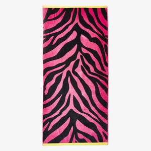 Zebramönstrad badlakan rosa och svart - stor strandhandduk 180x80cm ovanifrån
