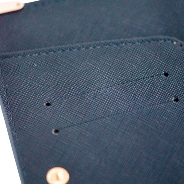 mörkblå reseplånbok i vegansk läder saffiano